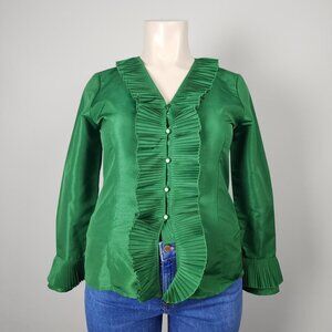 Oscar De La Renta Green Ruffle Button Front Blouse Size 14